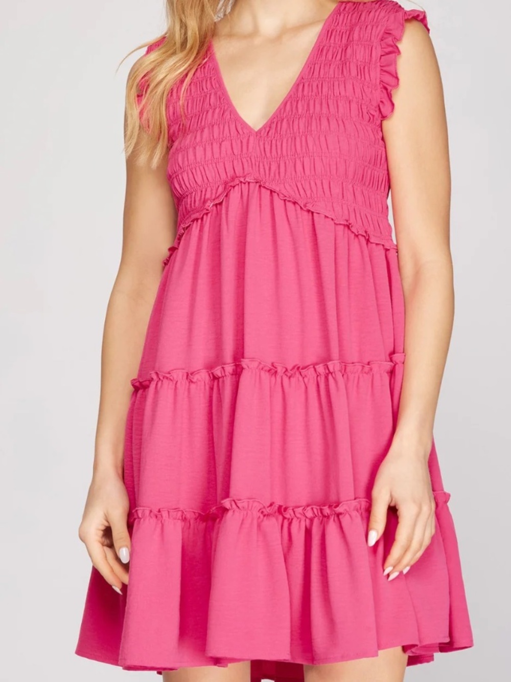 She & Sky- Ruffled Sleeve Woven Smocked Dress in Pink- Large
